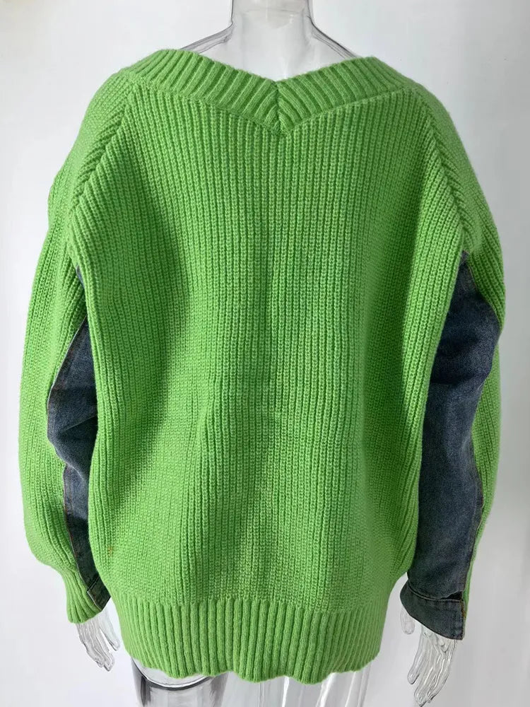 Denim Patchwork Knit Cardigan Sweater