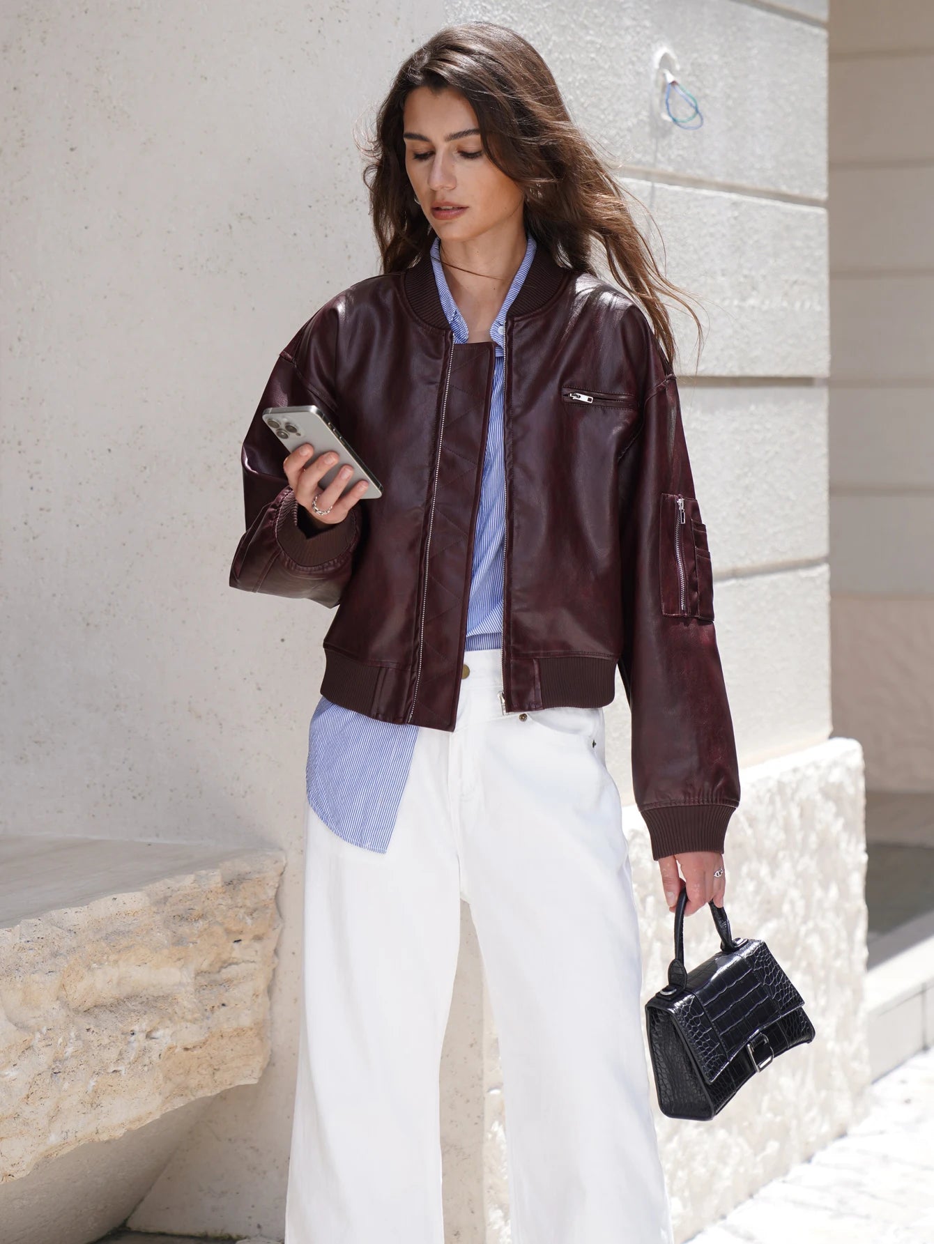 Women Pu Leather Bomber Jacket