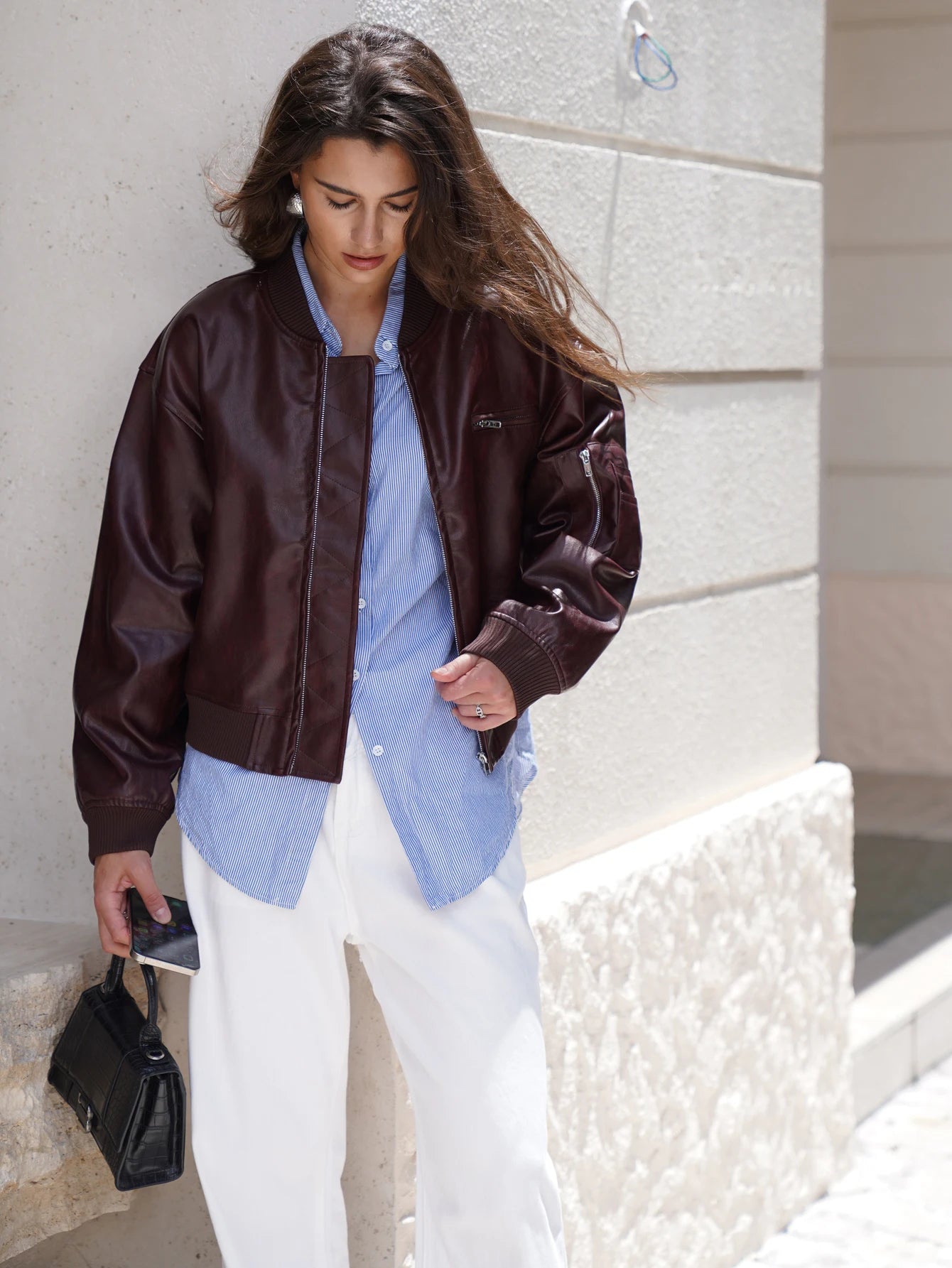 Women Pu Leather Bomber Jacket