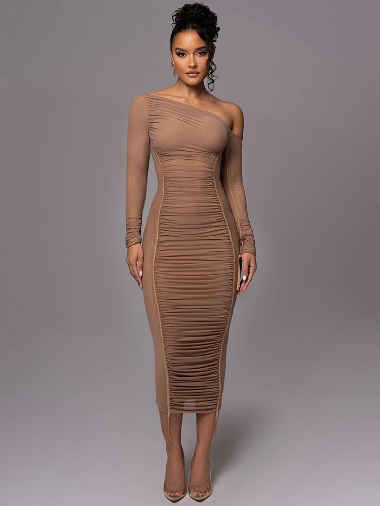 One Shoulder Ruched Long Sleeve Dress