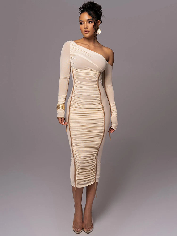 One Shoulder Ruched Long Sleeve Dress