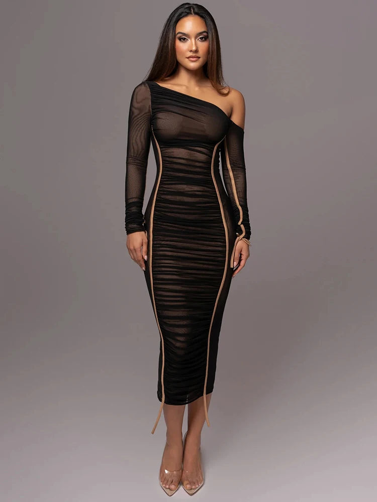 One Shoulder Ruched Long Sleeve Dress