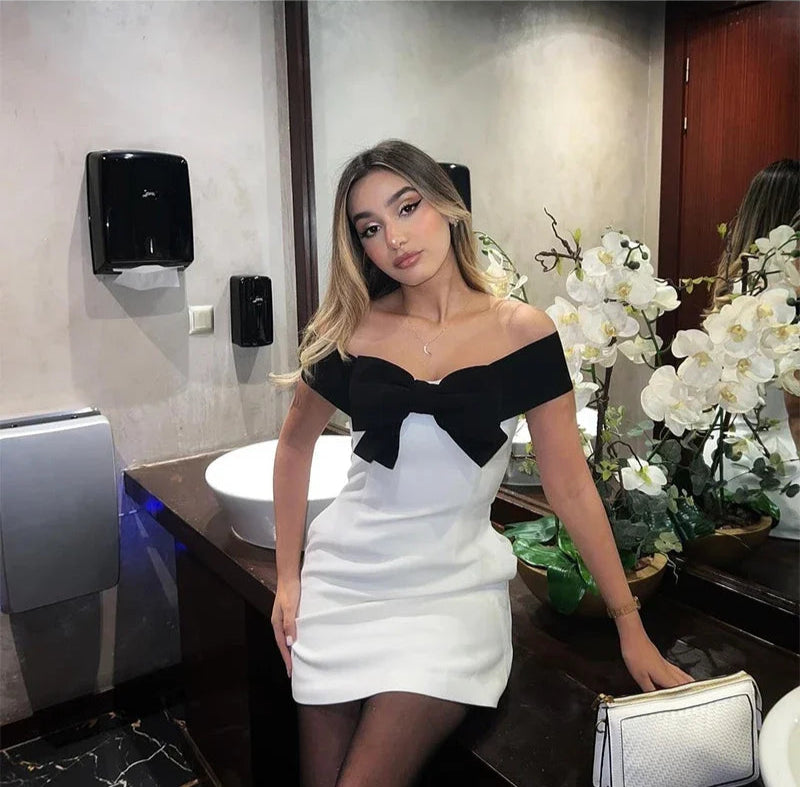 Bow Splice Mini Dress For Women Slim High Waist Sexy Off Shoulders Dresses Femme Party Retro Wedding Elegant Dress Woman