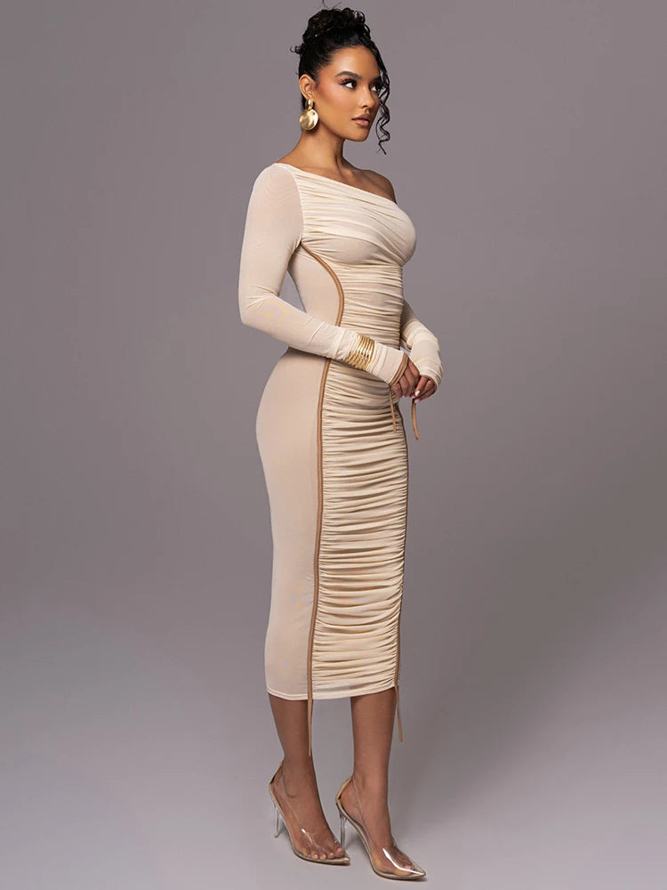 One Shoulder Ruched Long Sleeve Dress