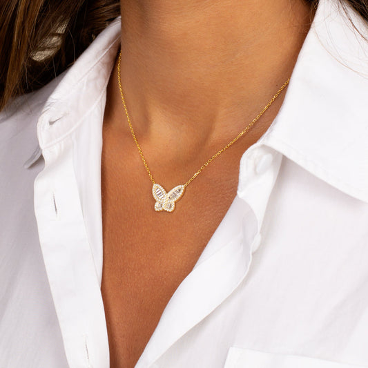 Large Pavé X Baguette Butterfly Necklace By Adina Eden